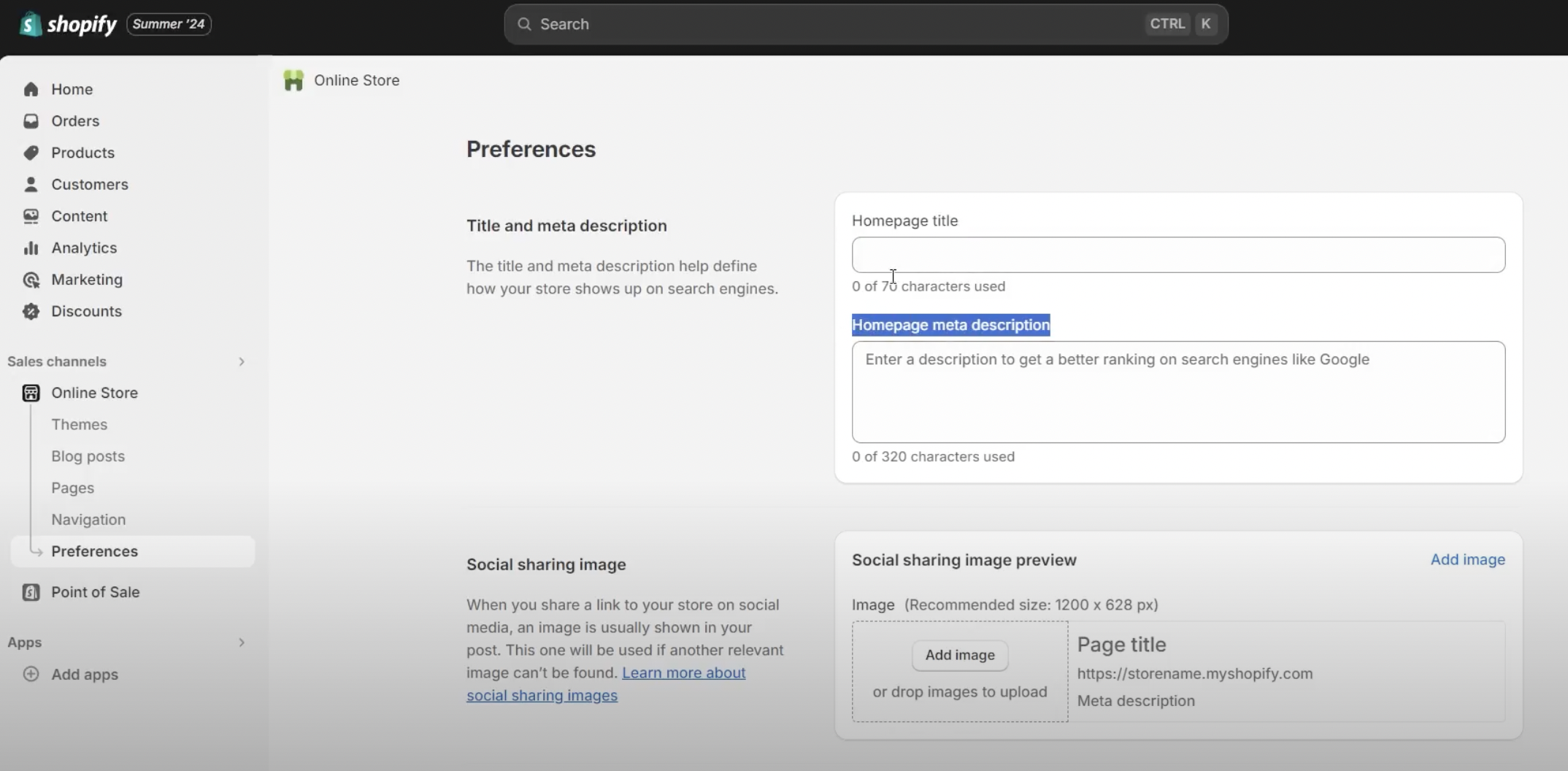 Screenshot showing Shopify’s ‘Preferences’ section where merchants can set their homepage title and meta description. Properly configuring these elements is crucial for improving your store’s search engine ranking.